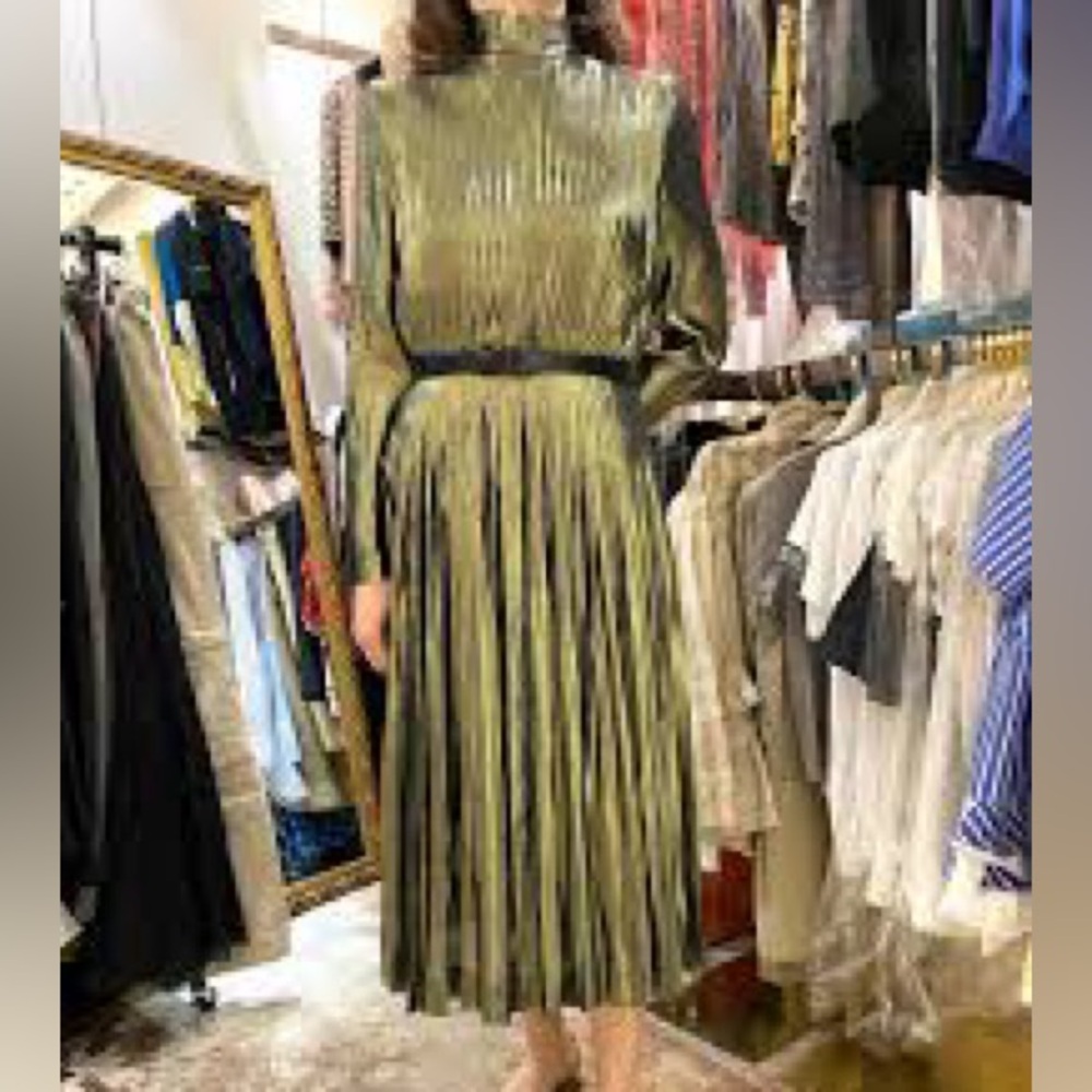 Loewe Shiny Pleated Lurex Midi Length Dress. Sweet shiny metallic olive green. - Picture 14 of 15